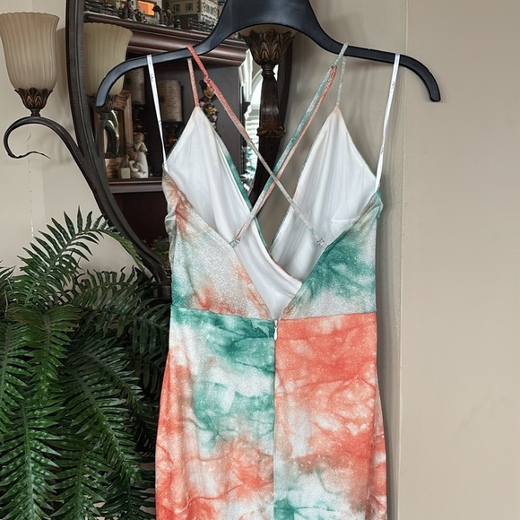 Lulus Lover’s Paradise Metallic Tie Dye Maxi Dress Teal Orange Crisscross Back - Picture 9 of 16